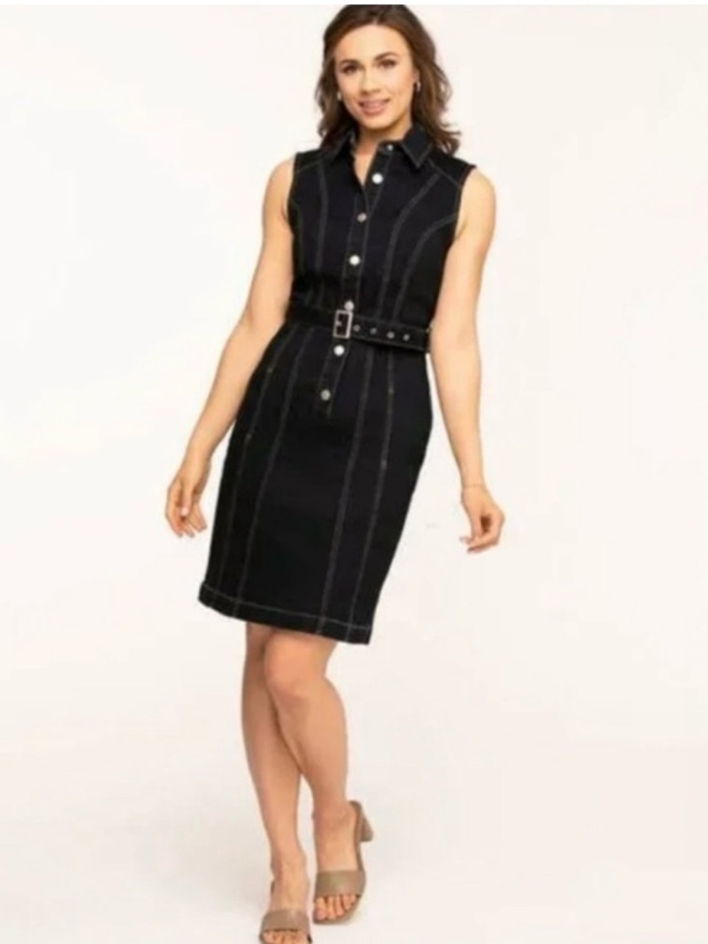 Sleeveless dark blue denim dress  Belted with Contrast Stitching
